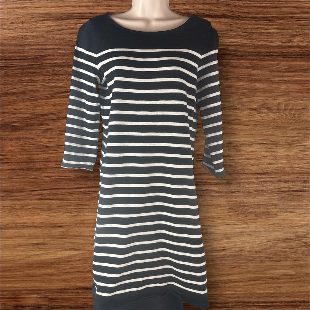 Talbots Small Petites Sweater Dress Black White Striped 3/4Sleeve Casual Popover